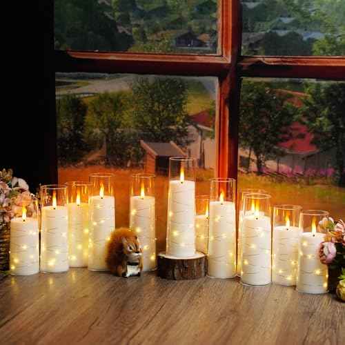Flameless Candles with Embedded Star String, 12 Pcs Battery Operated LED Pillar Candles with Remote and Timer, Suitable for Home Decor, Party, Christmas & Wedding (White)