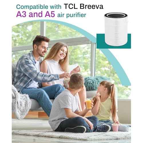 Replacement Filter Compatible with TCL Breeva A3 & A5 Air Purifier, 4-in-1 Filtration with Activated Carbon, 2 Count