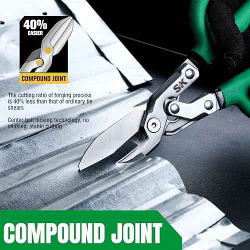 SK 10" Compound Action Tin Snips, Metal Shears with Forged Blade, Heavy Duty Metal Cutter Scissors, Ergonomic Handle for Comfortable Grip