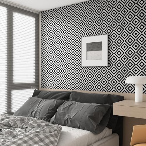 Black and White Wallpaper Peel and Stick Modern 17.3"¡¿78.8" Removable Self Adhesive Wallpaper Geometric Contact Paper for Cabinets Waterproof Rhombus Decorative Wall Paper for Bathroom Vinyl