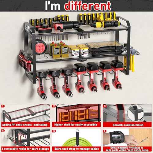 Power Tool Organizer Wall Mount, Upgraded 7 Drill Holder Wall Mount, Large 3-tier Cordless Tool Organizer & Storage Rack, Tool Shelf with Screwdriver/Plier/Hammer Holder, Men's Present (Black)
