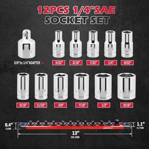 12-Piece 1/4" Drive SAE Standard Socket Set 5/32" to 9/16" with 1-Piece Magnetic Organizer Rail Rack, Premium 6-Point Shallow Socket Assortment Include a 3/8" to 1/4" Adapter