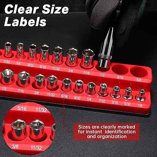 SHALL Magnetic Socket Organizer Set, 3-Piece SAE Socket Holders Include 1/4", 3/8", 1/2" Drive Socket Trays, Holds 68 Pieces Standard and Deep Size Sockets for Toolbox (Socket Not Included)