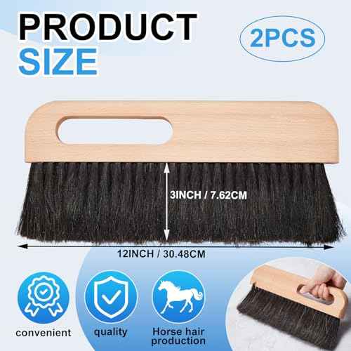 2 Pcs Concrete Brush Horsehair Bristles, 12 Inch Length Masonry Brush Wood Backed Concrete Broom, Black Horsehair Fibers