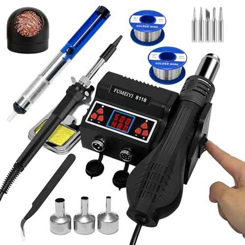 8118 Soldering Station Kit: Includes an 8118 hot air gun, 2 rolls of solder wires, 5 soldering tips, a simple stand, a desoldering pump, and a pair of curved tweezers