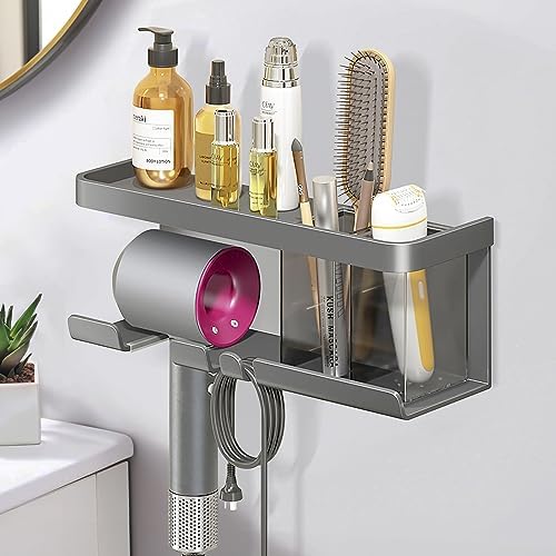 Hair Dryer Holder, Blow Dryer Organizer, Hair Dryer Holder Wall Mounted with Shelf for Bathroom, Salon, Bedroom Organizers & Storage(Matte Grey)