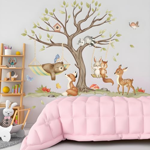 Jungle Animal Wall Stickers Big Tree Fox Sika Deer Safari Wall Decals Kid Room Nursery Baby Bedroom D?cor