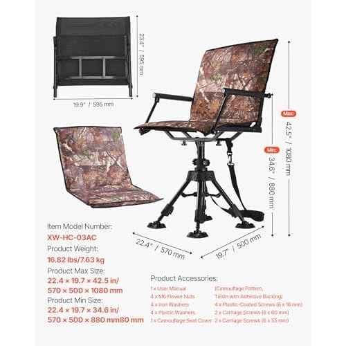VEVOR Hunting Chair, 360¡Æ Silent Swivel, Foldable Portable Blind Chair, Heavy-Duty Steel Frame Ground Stool Seat, with Armrests, Cover, Anti-Sink Feet, Height Adjustable, 350 Lbs Capacity for Camping