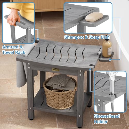 YEFU Shower Chair for Inside Shower: 21 Inch Oversized Waterproof/No Maintenance - Shower Stool with Shelf & Handle 400 LBS - Bathrooms/Outdoor - Non-Slip Easy Assemble Bench for Adult/Elderly/Grey