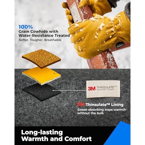 toolant Leather Winter Work Gloves for Men, 100% Grain Cowhide with Warm Thinsulate Lining, Water & Abrasion Resistance