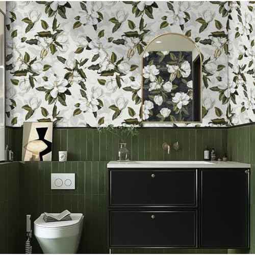 HAOKHOME Peel and Stick Gardenia Floral Wallpaper Removable Off White/Grey/Green Vinyl Self Adhesive Mural 17.7in x 9.8ft