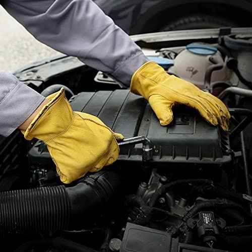OZERO Leather Work Gloves for Men: 3 Pairs Cowhide Working Gloves Abrasion Resistant Driver Glove for Heavy Duty Yard Work DIY Women Gardening Glove Gold Large