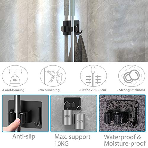 Mop Broom Holder No Drill, Mop Broom Organizer Wall Mounted Heavy Duty with Hooks Hanger, Self Adhesive Stainless Steel 6Pcs for Bathroom, Kitchen, Office (Black)
