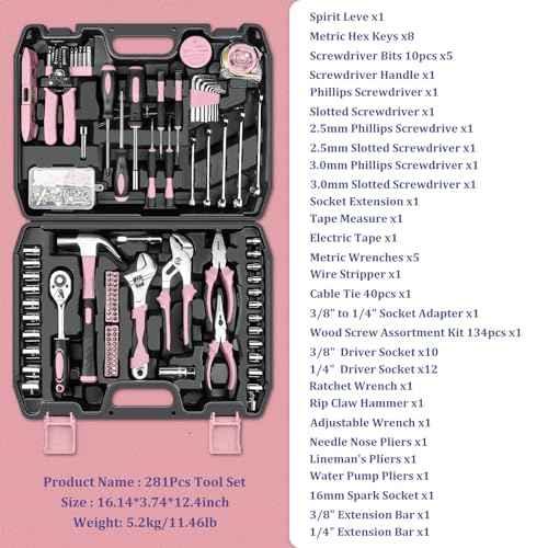 Sundpey Home Tool Kit 281-PCs - General Basic Home Auto Repair Tool Kits - Complete Portable Hand Tool Sets for Women - Tool Box Set with Socket Wrench Set & Screwdriver Sets & Hex Key & Pliers
