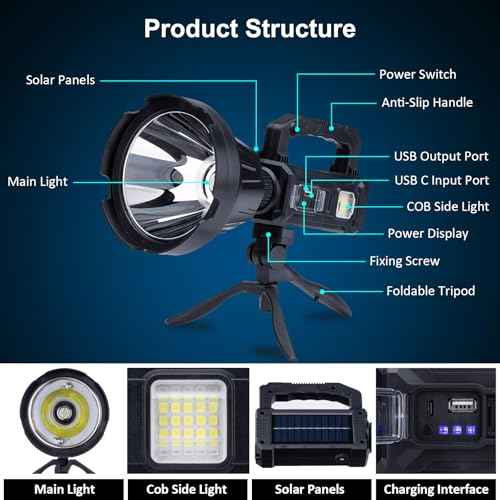 Rechargeable Handheld Spotlight, 3,000,000L Super Bright LED Solar & Battery Powered Spot Light with 6 Modes, 3 Color Lenses, COB Side Light, USB C, Waterproof for Outdoor Emergency Hunting
