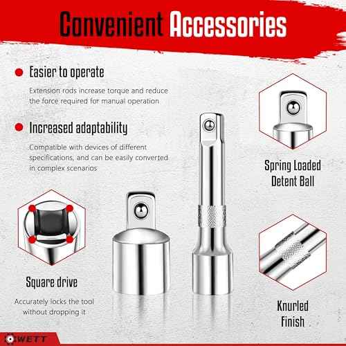WETT 10-Piece Breaker Bar Set with 180¡Æ Rotatable Head, 1/4'', 3/8'' and 1/2'' Drive, Heavy Duty Breaker Bars with Extension Bars and Adapters, 6'', 10'' & 15'' Length, CR-V Steel