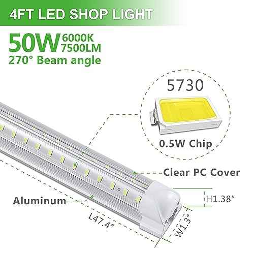 4Pack 4FT LED Shop Light Garage Lights,50W 6000K 7500LM White Light,Hanging/Surface Mount,Plug and Play,Linkable T8 LED Shop Lights,Commercial Bay Lighting for Warehouse Workshop Basement