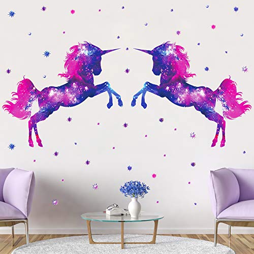 RW-D80 Dream Galaxy Purple Unicorn Wall Decals Removable Unicorn Wall Stickers with Glowing Stars Peel and Sticks Wall Art Decor for Kids Boys Girls Bedroom Nursery Bedroom Party Home Decoration
