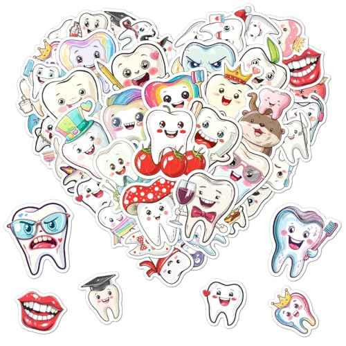 Pack 50 Pcs Cute Tooth Dentist Stickers for Water Bottles Funny Laptop Luggage Computer Scrapbooking Kids Teens Girls Boys Adults Aesthetic Waterproof Sticker Small Vinyl Decals