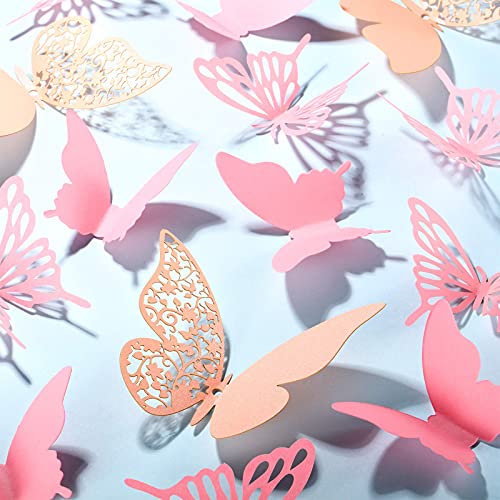 Outus 144 Pieces 3D Butterfly Wall Stickers Decor 3 Styles Butterfly Decals DIY Decorative Wall Art Cutouts Crafts Removable for Room Wedding Flower Party Decorations,(Pink)