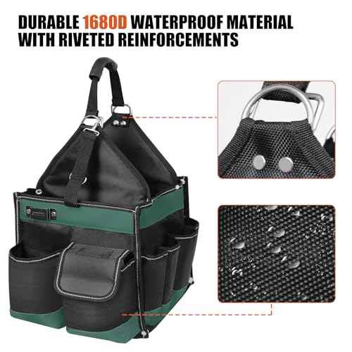 Open Top Tool Bag 15 Inch, Electrician Tool Bag with 22 Pockets, 25L Tool Bags for Men with Shoulder Strap & Reflective Strips, 1680D Waterproof Fabric, Green