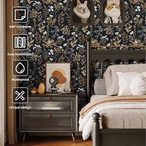 Abyssaly Vintage Floral Wallpaper Peel and Stick Boho, Black and Gold Academic Contact Paper, Self Adhesive Removable Moody Wallpaper for Wall Cabinets 17.7 in X 118 in