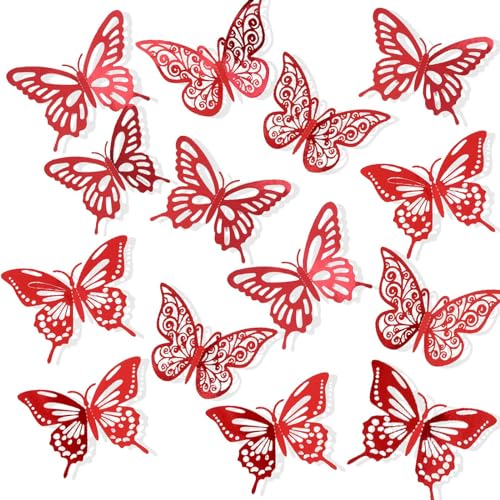 72Pcs 3D Butterfly Wall Decor - 3 Sizes, 3 Styles - Removable Butterfly Wall Stickers for Kids Nursery, Wedding, Bedroom & Room Decor (Red)