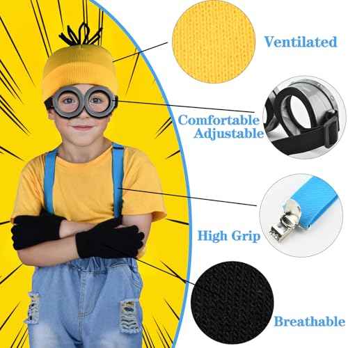 4Pcs Halloween Costume Accessories Kids Steampunk Goggles Glasses Blue Y-Back Suspenders Yellow Beanie Hats Black Gloves Perfect for Birthday Party and Halloween Cosplay Party