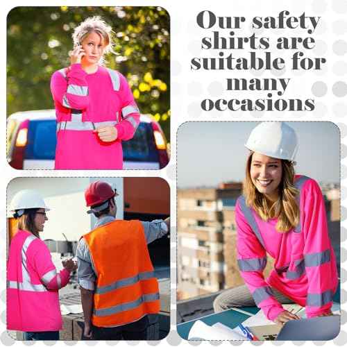 Amylove 4 Pcs Women Long Sleeve Safety Shirt High Visibility Shirts Reflective Construction Work Shirts for Women(L,Rose Red)
