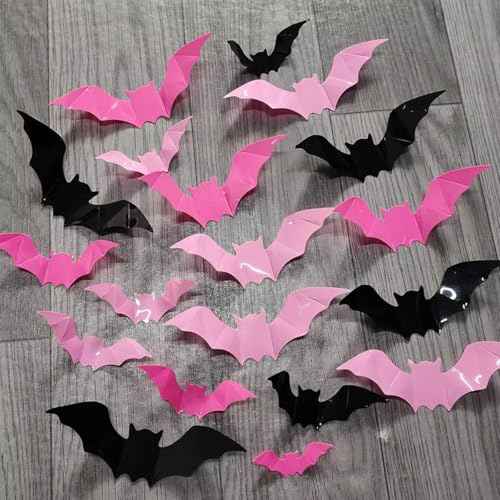48 Pcs 3D Bats Wall Decals - Removable Rose Pink & Black Designs DIY Halloween Decorations for Party Indoor Home Kitchen Bedroom