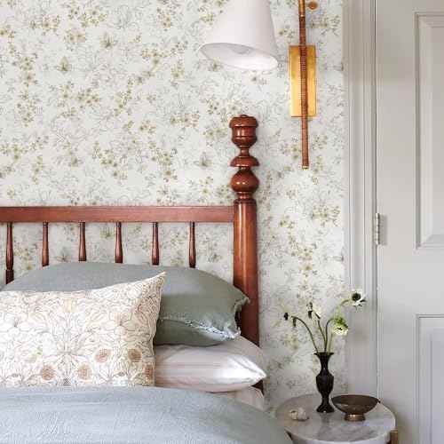 Vintage Peel and Stick Wallpaper Floral Boho Contact Paper for Cabinets Wildflower Neutral Self Adhesive Contact Paper Butterfly Removable Waterproof Wallpaper Bathroom Bedroom 17.3inW 78.7inL