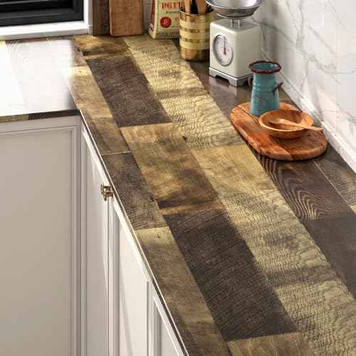 FunStick Brown Wood Contact Paper for Countertops Cabinets Waterproof Wood Wallpaper Peel and Stick Butcher Block Countertop Contact Paper Removable Wooden Grain Wall Paper Vinyl Wrap for Desk 16"x80"
