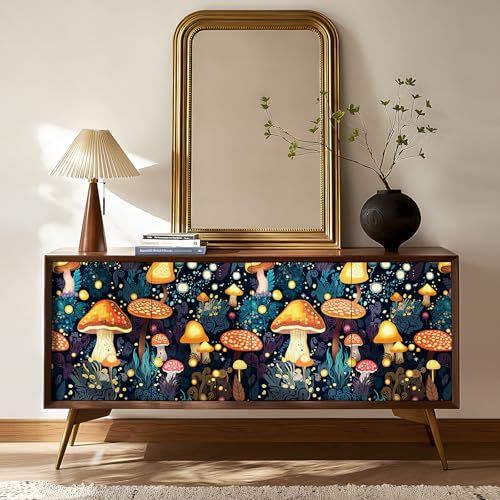 FunStick Gold Dark Blue Mushroom Wallpaper Peel and Stick Boho Woodland Botanical Wall Paper for Bedroom Bathroom Kids Room Wall Mural Colorful Orange Self Adhesive Mushroom Contact Paper for Cabinets