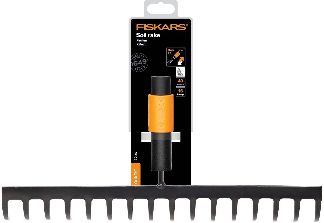 Fiskars 1000654 16 Teeth Rake, Tool Head, Width 40 cm, Hardened Steel Teeth, Black/Orange, QuikFit