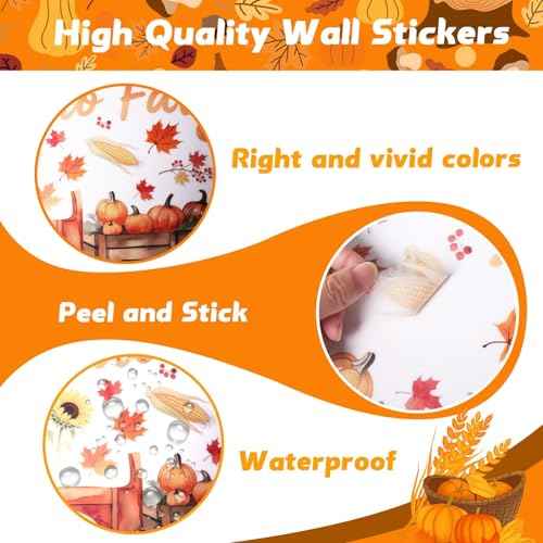 Thanksgiving Fall Wall Decals Removable Autumn Peel and Stick Wall Stickers 6-Sheet Set with Pumpkin Truck, Maple Leaves Design for Home, Office, Bedroom, Living Room Party Decor