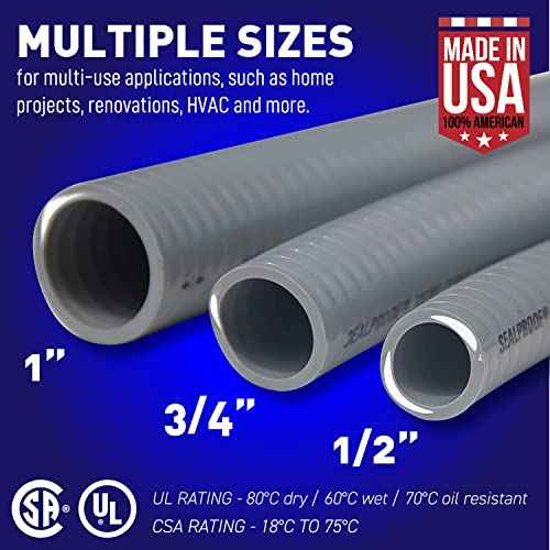 Sealproof 3/4-Inch Non-metallic Liquid-Tight Conduit and Connector Kit, 50 Foot Made in USA Flexible Electrical Conduit Type B with 5 Straight and 3 90-Degree Conduit Connector Fittings, 0.75" Dia