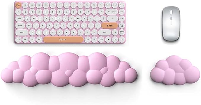 Cloud Keyboard Wrist Rest Pad Set, Enlarge PU Leather Memory Foam Cushion Support, Easy Typing Pain Relief, Mouse Rest Pad, Non-Slip Support for Home, Office, Pink