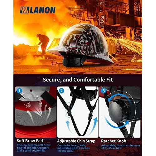 LANON Full Brim Hard Hat, OSHA Construction Work Approved, Premium American Flag Design, FRP Safety Helmet with 4 Point Adjustable Ratchet Suspension, Class C
