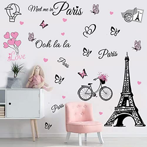 Paris Wall Stickers Eiffel Tower Vinyl Decals Removable Self-Adhesive Balloon Stickers Wall Decal for Girls Bedroom Living Room Sofa Backdrop TV Background