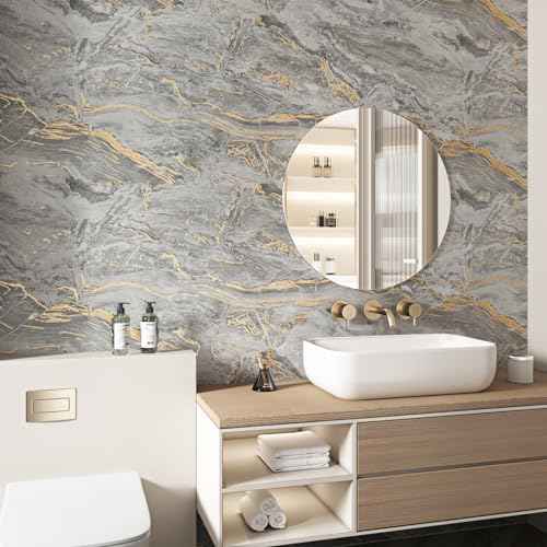 Wallercity Gold/Grey Marble Contact Paper Matte Peel and Stick Countertops Wallpaper Waterproof Self Adhesive Marble Wallpapers for Cabinets and Drawers Kitchen Bathroom Vinyl Film 15.8x78.7 Inch