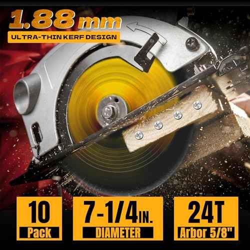 Circular Saw Blade 7 1/4" 24T Wood Cutting Framing/Fine Finish Circular Saw Blade, 5/8" Arbor, TCT Carbide-Tipped, Teflon Anti-Stick, Miter Saws Blades for Wood, MDF, OSB, Laminated, Plywood (10 Pack)