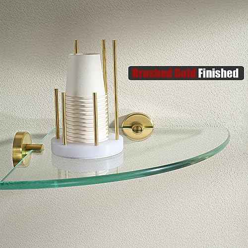JQK Corner Glass Shelf, Brushed Gold Bathroom 304 Stainless Steel Shower Triangle Floating Wall Shelf, 10 x 10 Tempered Glass, 3 Pack, TGS190L10-BG-P3