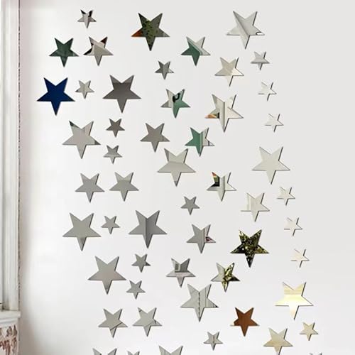 20Pcs Silver Stars Acrylic Mirror Wall Stickers 3 Sizes Stars Stickers with Adhesive Art Decal 3D Wall Decorations for Women and Man Bedroom Home DIY Decor Stickers