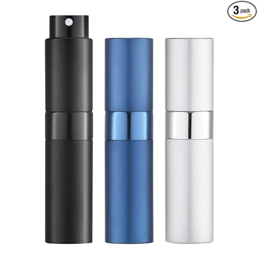 LISAPACK 8ML Atomizer Perfume Spray Bottle for Travel (3 PCS) Empty Cologne Dispenser, Portable Sprayer (Black, Silver, Blue)