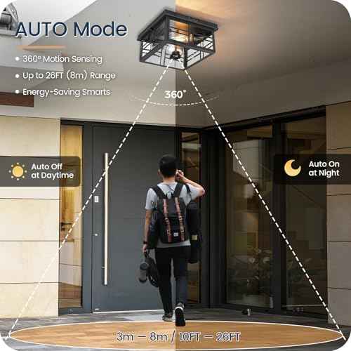Infrared Sensor Outdoor Ceiling Light, Flush Mount Motion Sensor Ceiling Light, 2-Light Black with Bubble Glass, Bulbs Not Included, 3 Modes, for Porch, Garage, Hallway, Patio,BQ08XD05W1