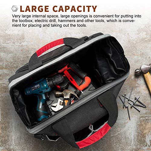 Waterproof Tool Bags for Men or Women, 16-inch Wide Mouth Tool Tote Bag with 25 Pockets for Tool Organizer & Storage, with Adjustable Shoulder Strap (16IN, Black/Red)