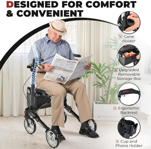 Metro Mobility Rollator Walker with Seat for Seniors, Foldable Lightweight Rolling Walker, 8" Big Wheels for All Terrain, 300 lb. Weight Capacity, Black