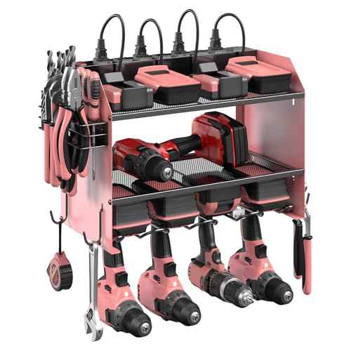 CCCEI Modular Power Tool Organizer Wall Mount with Charging Station. Garage Drill Storage Shelf with Hooks, Heavy Duty Rack, Tool Battery Holder Built in 8 Outlet. Gift for Men. Pink, 1 Pack.