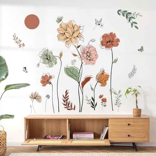 decalmile Boho Flower Wall Decals Floral Plants Grass Wall Stickers Living Room Bedroom Nursery Wall Decor Gifts for Mom