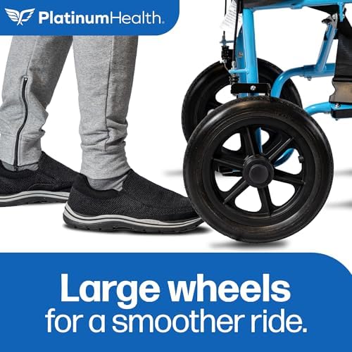 Platinum Health Hummingbird™ Ultra-Lightweight Foldable Transport Wheelchair, Handbrakes,12-Inch Rear Wheels, Extra-Wide Seat. Convenient Table-Length Padded Armrests. (Sky Blue)